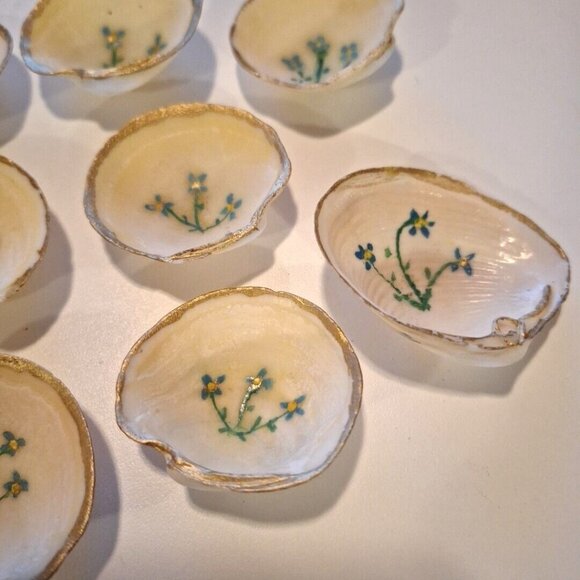 Hand Painted Scallop Shell Dishes Blue Floral Salt Trinket Vintage Set Of 11 - Picture 5 of 10